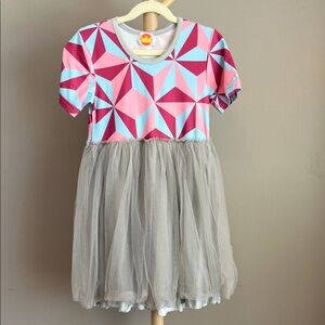 Whity Darling Geometric Pink and Blue Dress with Tulle Skirt 7-8